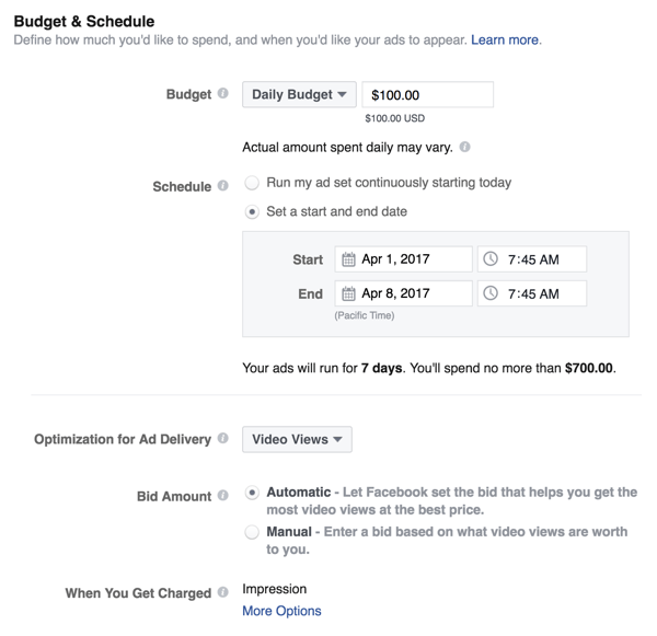 הגדר את התקציב ואת לוח הזמנים של מודעת הפייסבוק שלך.