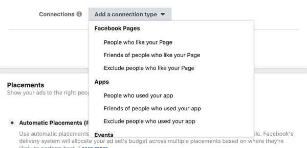 הוסף אפשרויות סוג חיבור עבור קמפיין מודעות לידים בפייסבוק.