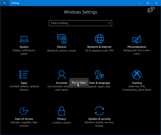 קטגוריות הגדרות של Windows 10
