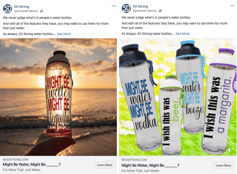 שתי מודעות פייסבוק עם תמונות שונות לבדיקה עם ניסויים בפייסבוק