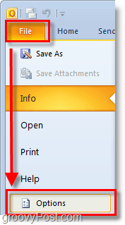 ב- Outlook 2010 השתמשו בסרט הקובץ כדי לפתוח אפשרויות