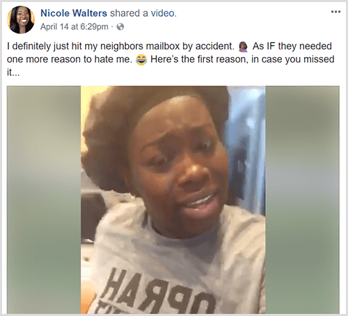 ניקול וולטרס פרסמה סרטון בפייסבוק עם מבוא טקסט שאומר שהיא פשוט פגעה בטעות בתיבת הדואר של שכנתה. ניקול לובשת עטיפת ראש שחורה וחולצת טריקו אפורה.