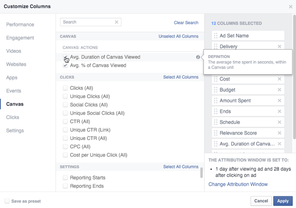 אפשרויות מדד קנבס בפייסבוק