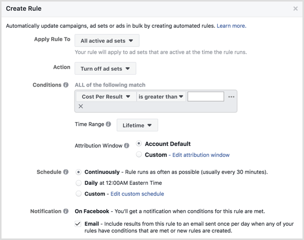 חלון הגדרת כללים אוטומטיים של פייסבוק