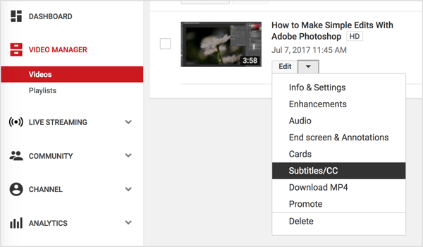נווט לסרטון YouTube שלך ​​ובחר כתוביות / CC מהתפריט הנפתח ערוך.