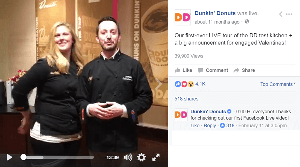 Dunkin Donuts משתמש בווידיאו פייסבוק לייב כדי לקחת מעריצים מאחורי הקלעים.