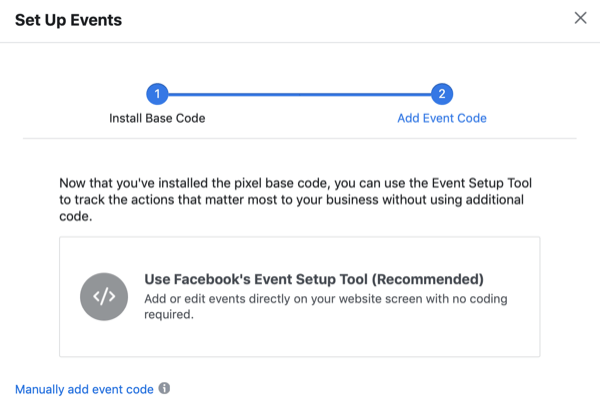 הגדר תיבת דו-שיח עם אפשרויות לשימוש בכלי הגדרת האירועים של פייסבוק