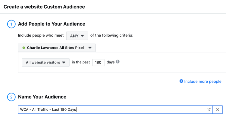 להקים אתר פייסבוק קהל מותאם אישית של כל המבקרים באתר ב- 180 הימים האחרונים