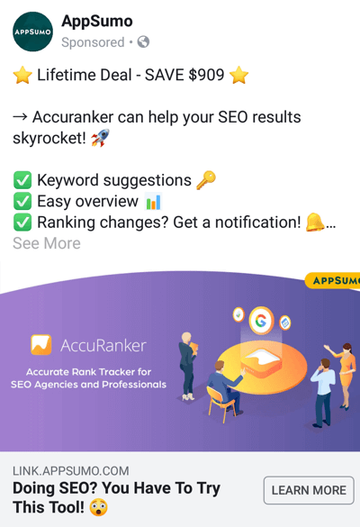 טכניקות מודעות של פייסבוק המספקות תוצאות, למשל על ידי AppSumo המציע עסקה
