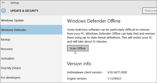 Windows 10 Defender לאפשר סריקה לא מקוונת אחר תוכנות זדוניות