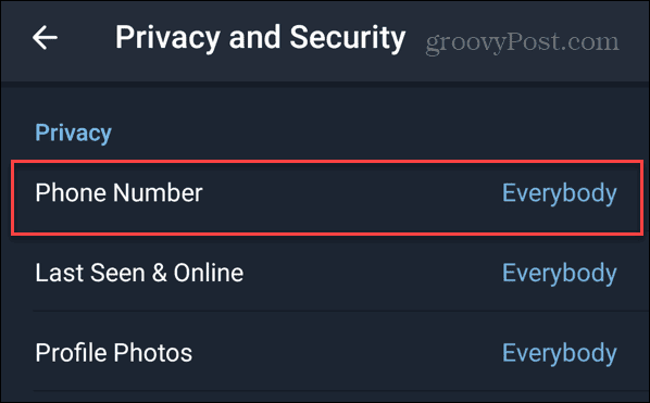 הסתר את מספר הטלפון שלך בטלגרם באנדרואיד