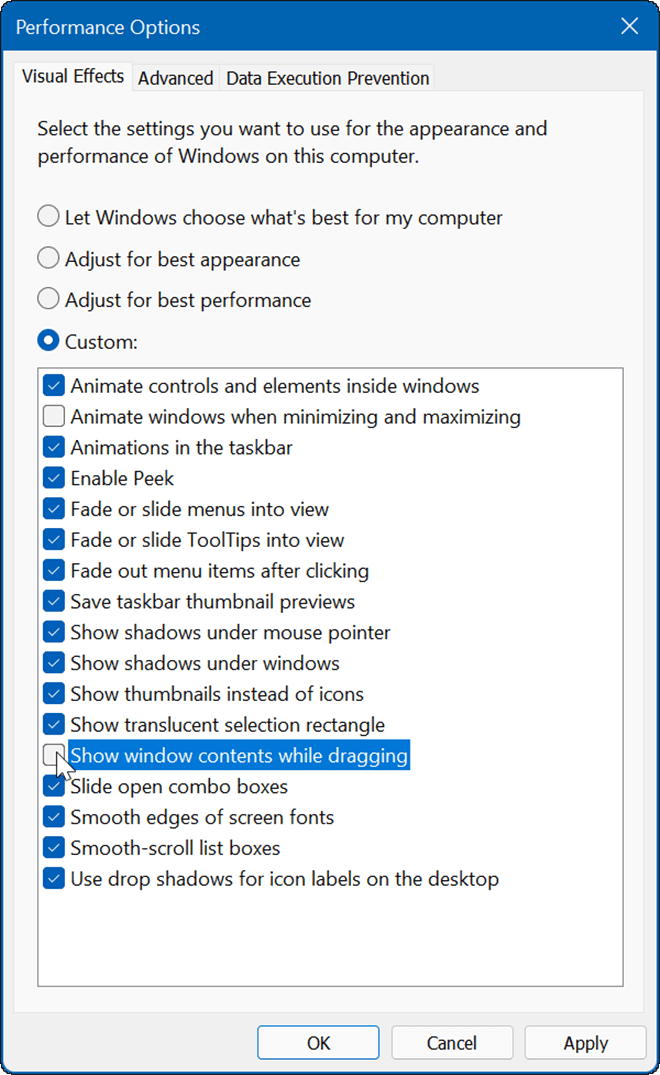 השבת שני אפקטים אפקטים של Windows 11