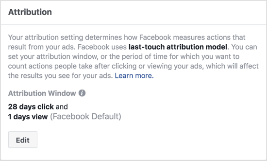 הגדרות ברירת המחדל של חלון הייחוס של פייסבוק מציגות פעולות שבוצעו תוך יום אחד מהצפייה במודעה ותוך 28 יום מרגע לחיצה על המודעה שלך. 