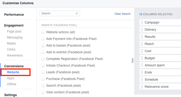 הוסף פעולות סטנדרטיות לאירועים לדיווח שלך ב- Facebook Ads Manager.