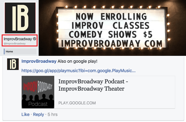 שימו לב שלעמוד הפייסבוק של ImprovBroadway יש סימן ביקורת אפור ליד שמו בחלקו העליון; עם זאת, הוא לא מופיע לצד השם בפוסטים או בתגובות.