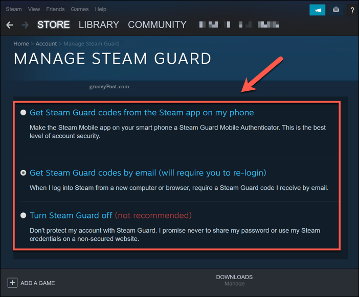 ניהול Steam Guard ב- Windows 10