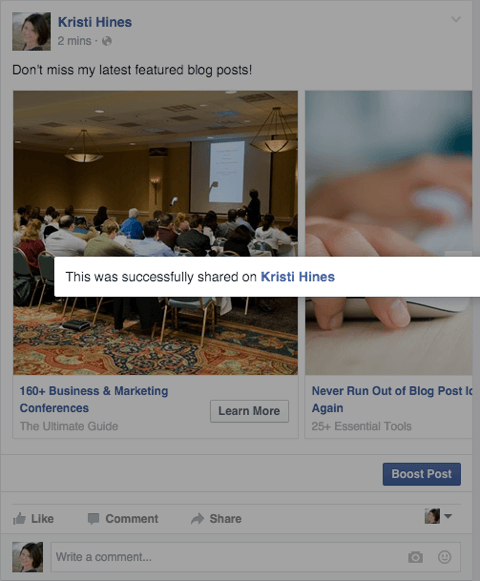 מודעת קרוסלת פייסבוק המשותפת כהודעת אישור לפרסום דף