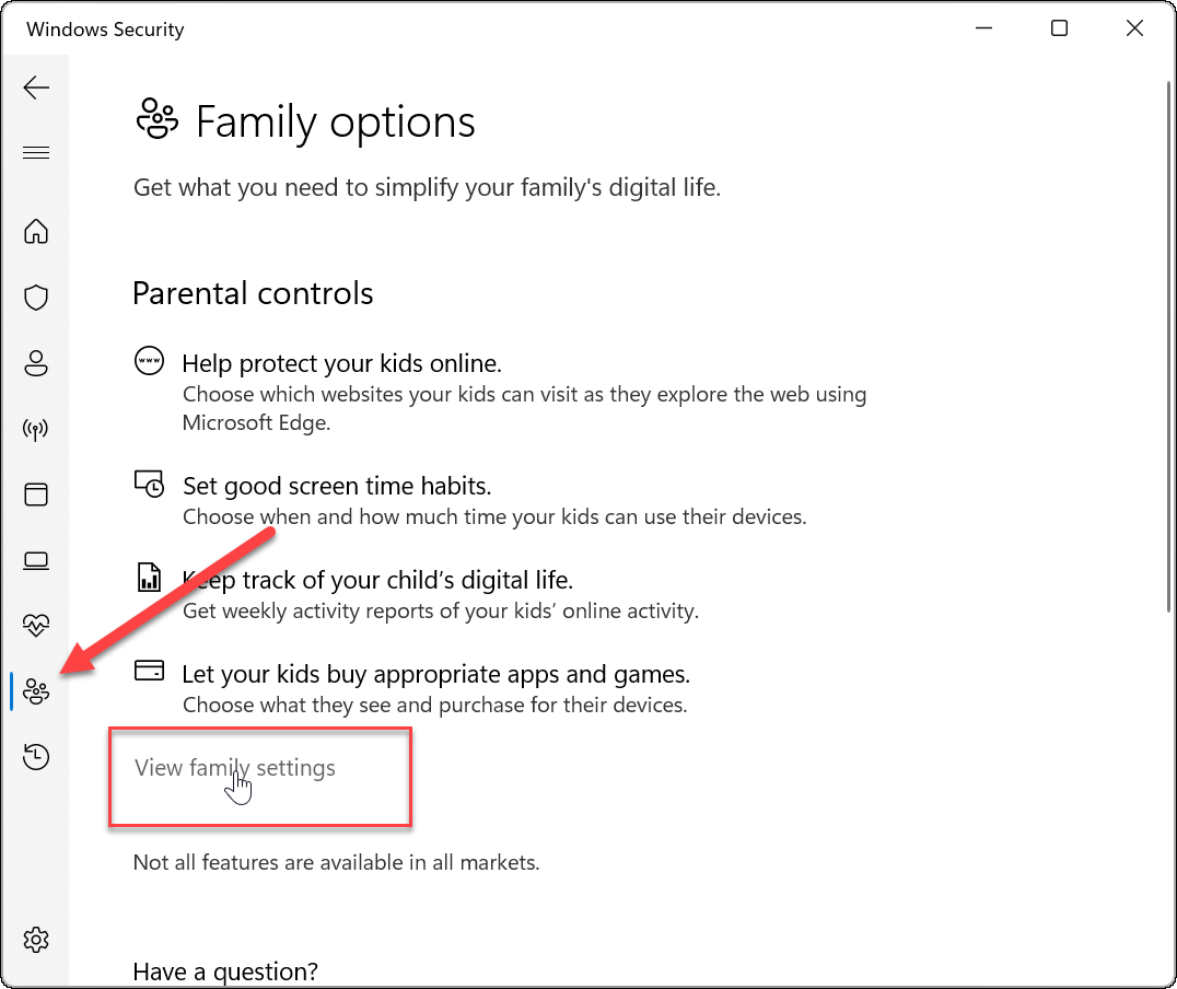 אפשרויות Windows Security Family