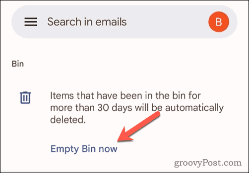 אפשרות ריקון אשפה ב-Gmail בנייד