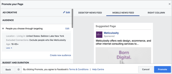 פייסבוק תאכלס אוטומטית את הגדרות הקהל בהתבסס על דף המיקום שלך. 
