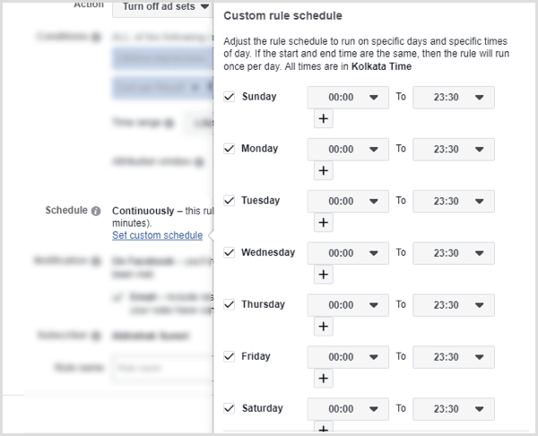 הגדר לוח זמנים לכללים מותאמים אישית לכלל אוטומטי של פייסבוק