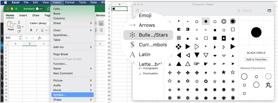 הכנס תבליטים ל- Microsoft Excel ב- Mac
