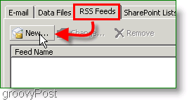 צילום מסך של Microsoft Outlook 2007 צור עדכון RSS