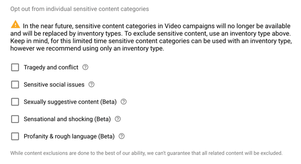 כיצד להגדיר קמפיין מודעות YouTube, שלב 14, להגדיר תוכן שלא נכלל