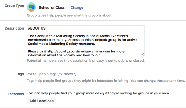 ספק פרטים נוספים על קבוצת הפייסבוק שלך כדי להקל על אנשים לגלות אותה.