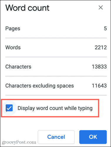 הצג את ספירת המילים בזמן הקלדה ב- Google Docs