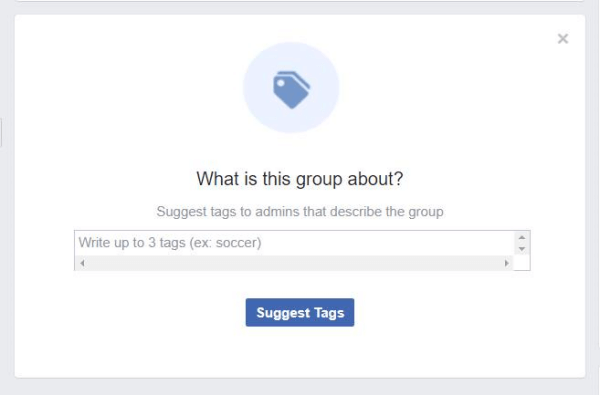 חלון קופץ שנמצא בקבוצות פייסבוק מבקש מהחברים להציע תגים המתארים את הקבוצה.