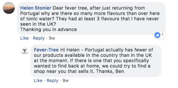 דוגמה לתגובת Fever-Tree לשאלת לקוח בפוסט בפייסבוק.