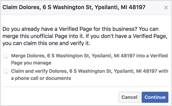 בחר באפשרות למזג דף מקום לא רשמי עם דף פייסבוק מאומת שאתה מנהל.