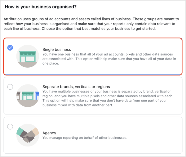 בחר כיצד העסק שלך מאורגן בכלי הייחוס של פייסבוק.