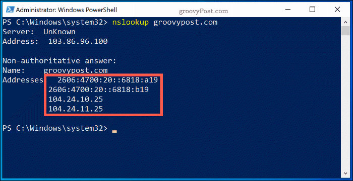 הפקודה NSlookup בחלון PowerShell של Windows 10, המציגה את מידע בדיקת שרת השם עבור Groovypost.com