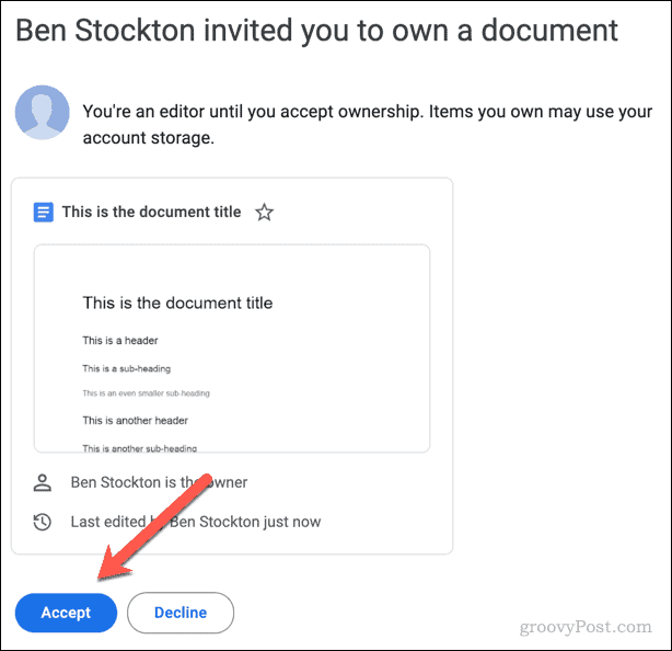 הזמנה באימייל לקבל או לדחות בעלות על קובץ Google Docs