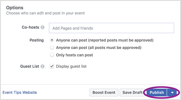 כשתסיים ליצור את האירוע שלך בפייסבוק, לחץ על פרסם.