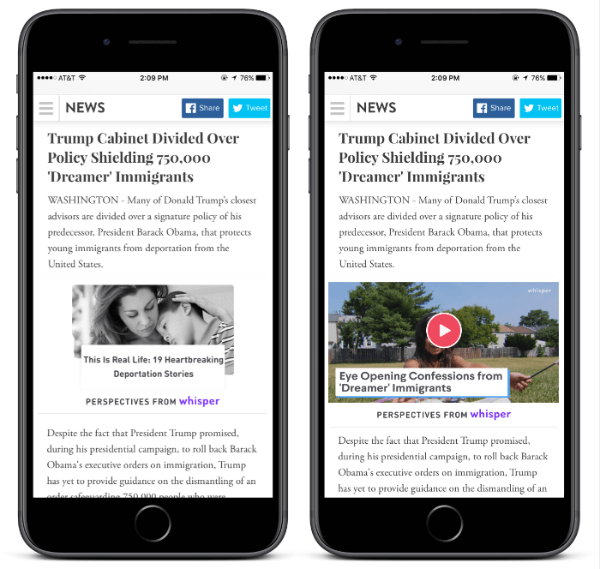 באמצעות הווידג'ט החדש של Whisper Perspectives, כל מפרסם יכול להוסיף למאמר כדי לספק לקוראיו נקודות מבט רלוונטיות להקשר ממיליוני משתמשים Whisper.