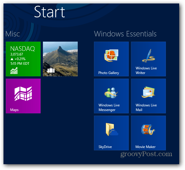 מסך התחלה של Windows Essentials