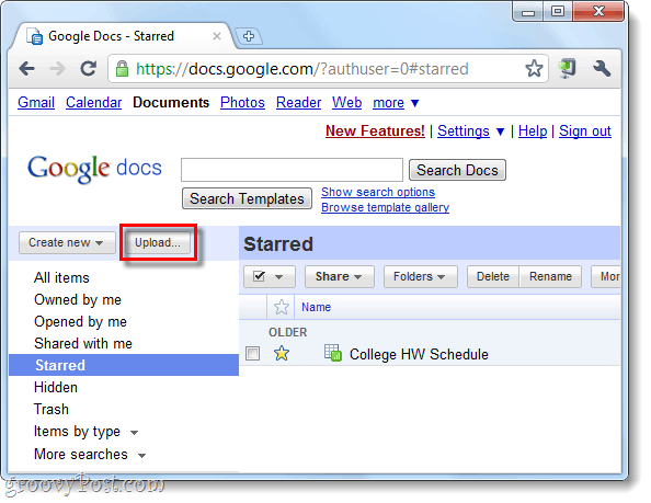 התחבר ולחץ על כפתור העלאת Google Docs