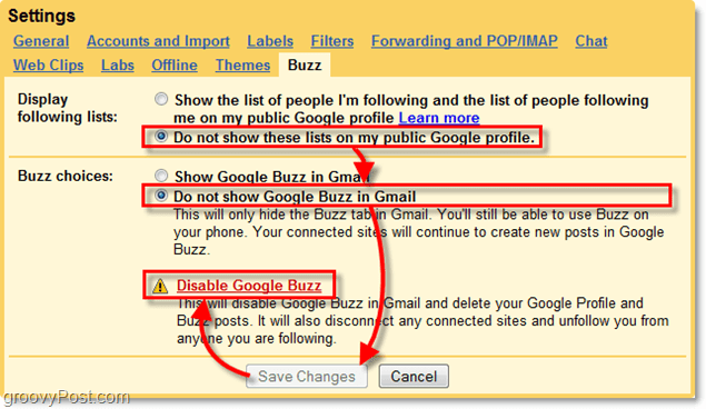 בהגדרות Gmail לחץ על הכרטיסייה Google Buzz