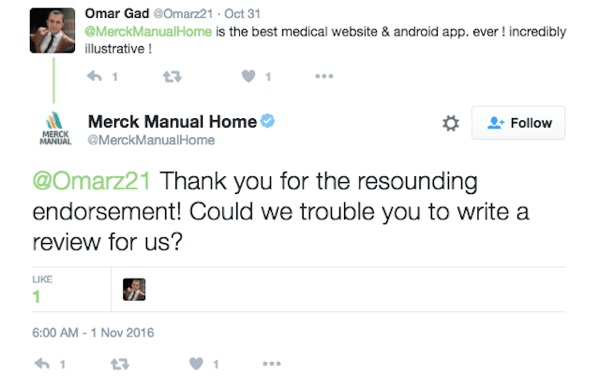 Merck Manual Home מעודד לקוח להשאיר ביקורת לאפליקציה שלו.