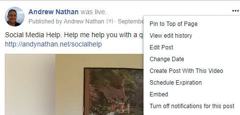 כדי לקבל את קוד ההטמעה לפוסט וידאו חי בפייסבוק, לחץ על תפריט שלוש הנקודות ובחר הטמע.
