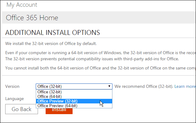 התקן תצוגה מקדימה של Office 2016