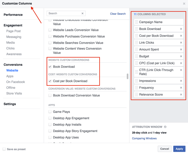 בחר את העמודות שברצונך להוסיף לטבלת תוצאות המודעות שלך בפייסבוק.