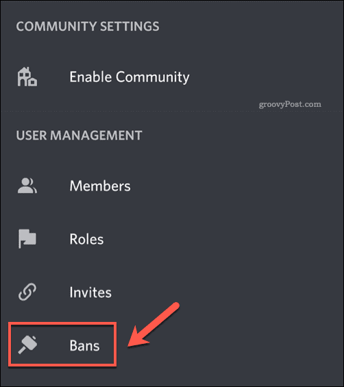 אפשרות התפריט Bans בתפריט הגדרות האפליקציה Discord