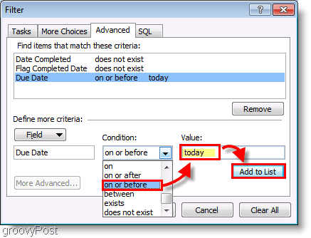 צילום מסך: מסנן הגדרות סרגל המשימות של Outlook 2007 היום