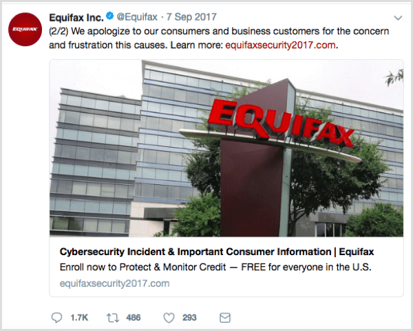פוסט חברתי של Equifax עם כתובת URL נכונה,