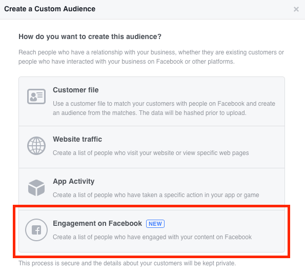 בחר Engagement בפייסבוק בעת יצירת קהל הווידיאו המותאם אישית שלך.