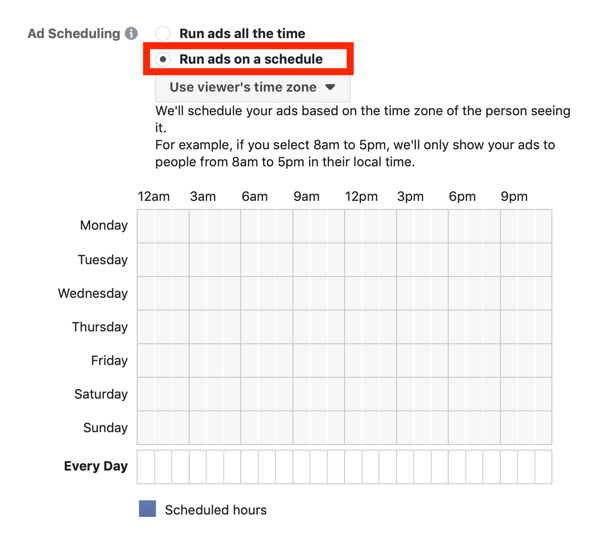 טיפים להורדת עלויות המודעות שלך בפייסבוק, אפשרות להגדרת תזמון מודעה עבור מסע הפרסום שלך